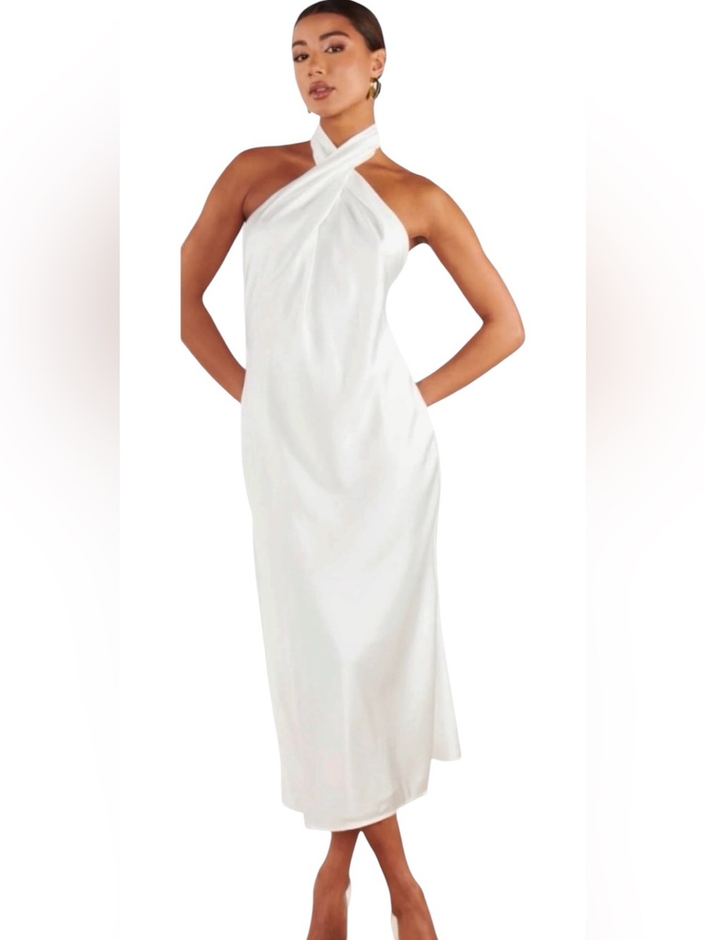 Show Me Your Mumu Jasmine Halter Midi Dress Womens XXS White Luxe Satin Lined